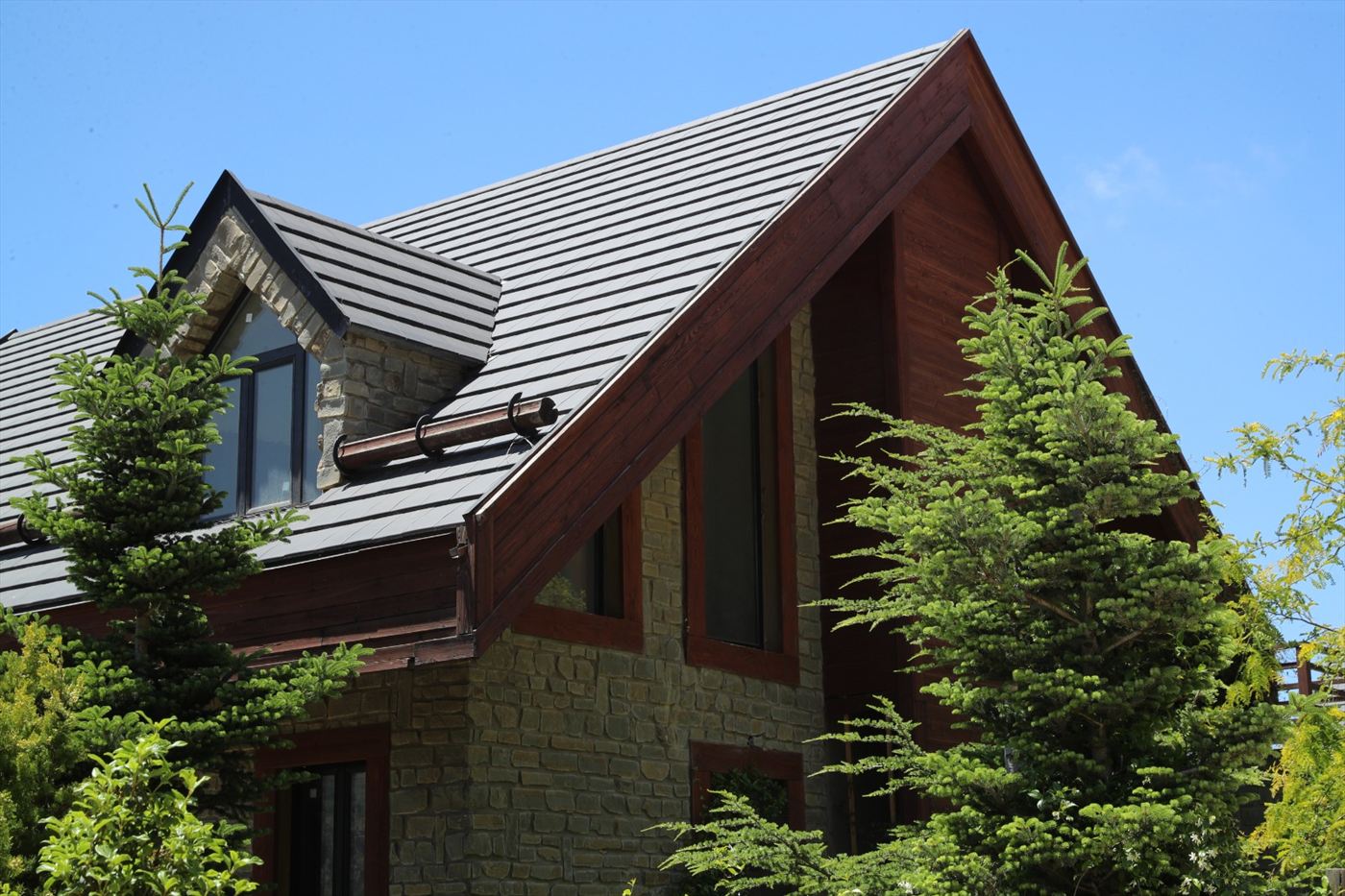 Close upward view of a chalet roofline against clear blue sky: a slate-grey standing-seam roof, a stone-clad dormer with a black-framed window, deep stained-timber eaves and a copper-toned gutter, with two young fir trees rising into the frame.