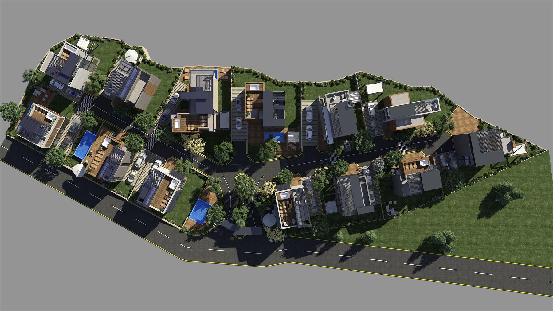 Top-down aerial masterplan render of the development on a plain grey background: flat-roofed villas with timber decks, dark pergolas, white shade sails and swimming pools laid out along an internal road among tree canopies, hedged plot boundaries and lawn, with the site boundary traced in a yellow line.