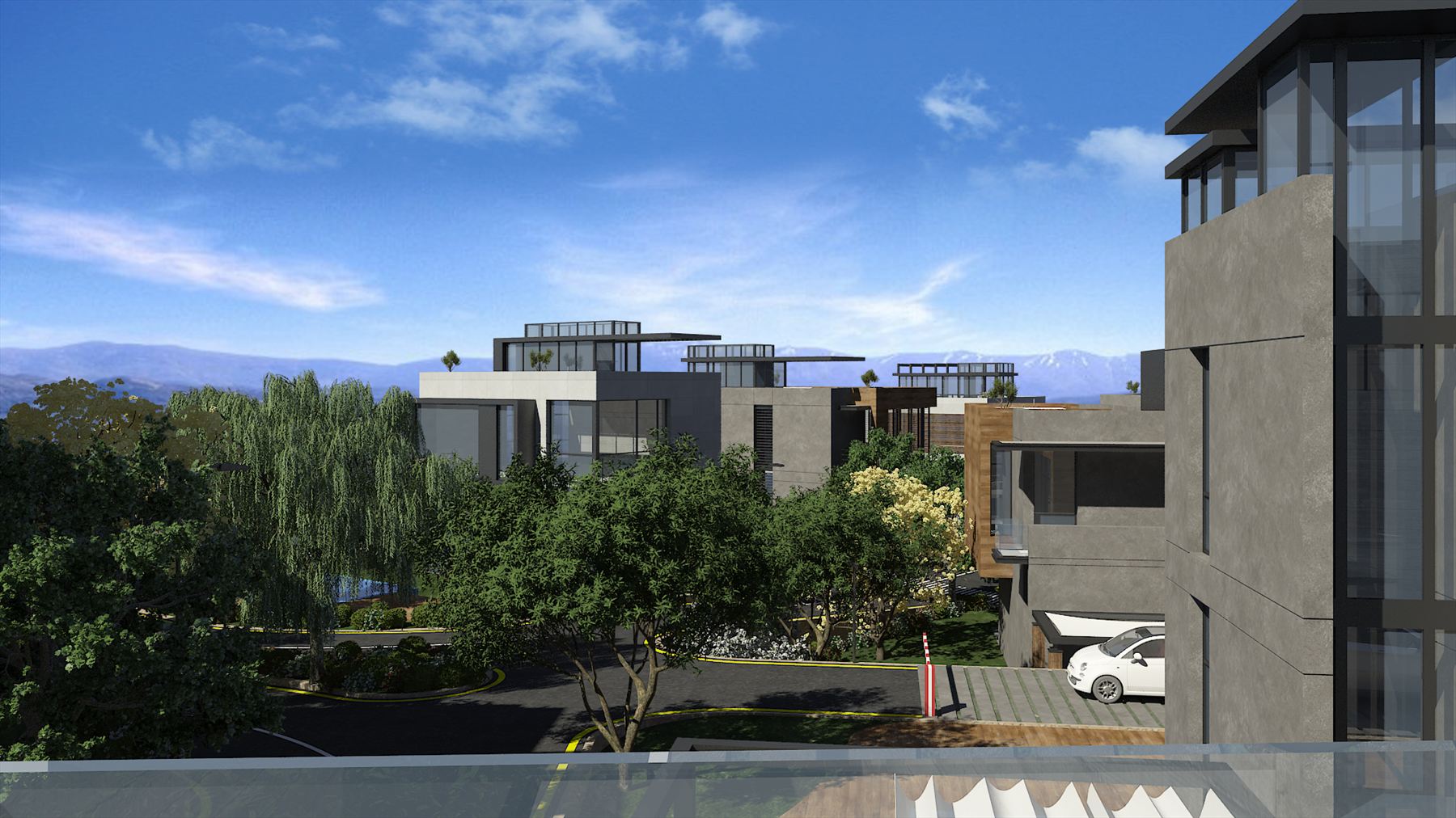 Elevated architectural render over a development of flat-roofed grey and white villas with rooftop pergolas and glass parapets set among dense green trees, with the land dropping away behind them and a long blue-grey mountain range running across the horizon under a wide sky.